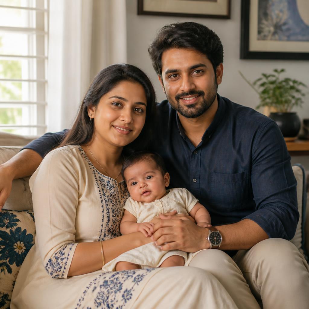 Calm first-time Indian parents holding their baby at home