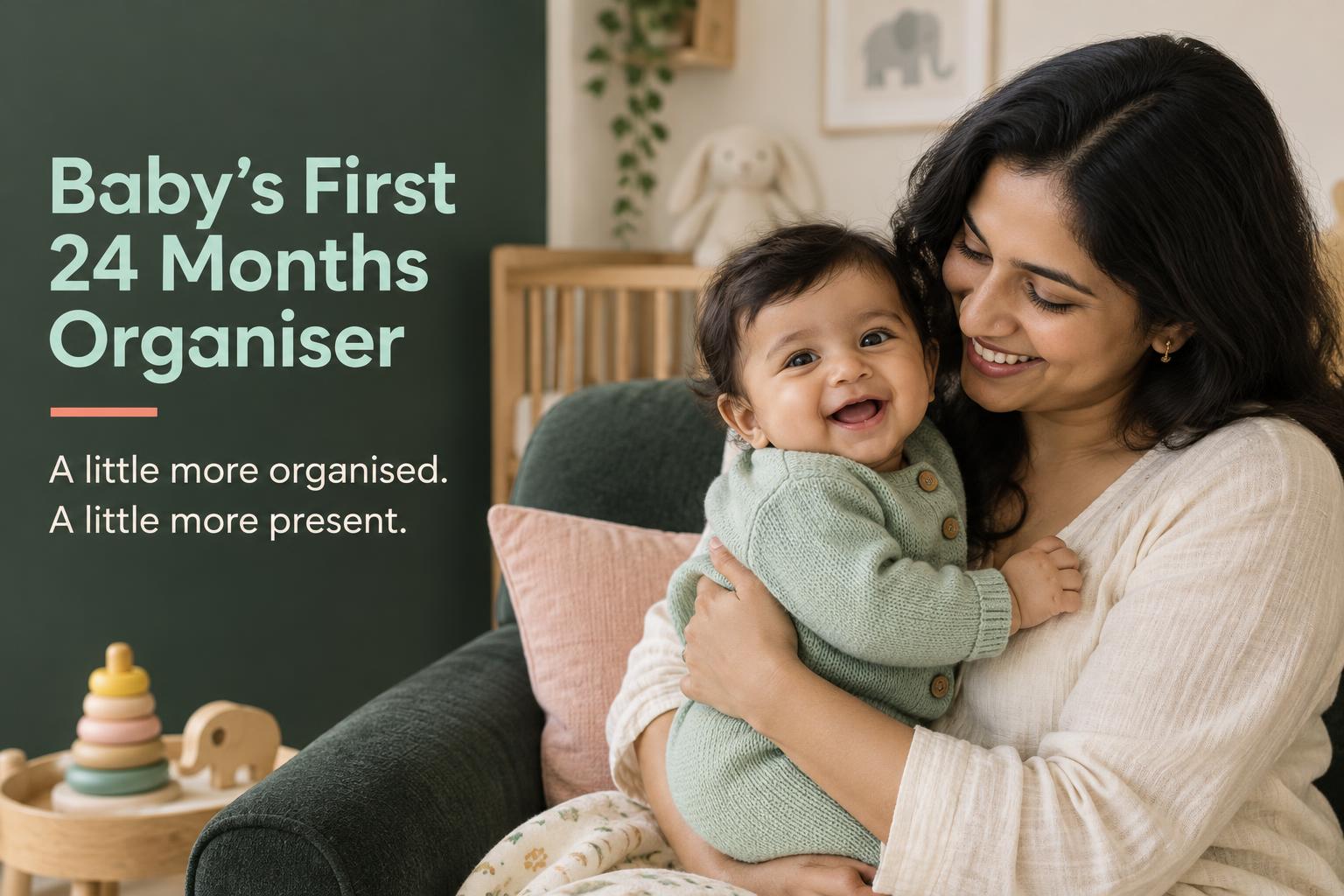 Mother holding her smiling baby. Baby’s First 24 Months Organiser: A little more organised. A little more present.