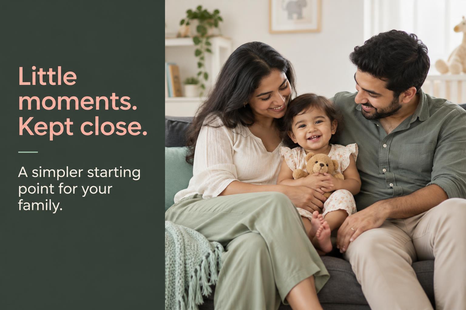 Parents cuddling their toddler. Little moments. Kept close. A simpler starting point for your family.